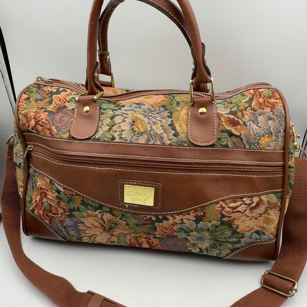 Flight Club Duffle Bag Brown Floral Tapestry Vintage Style Travel Weekender